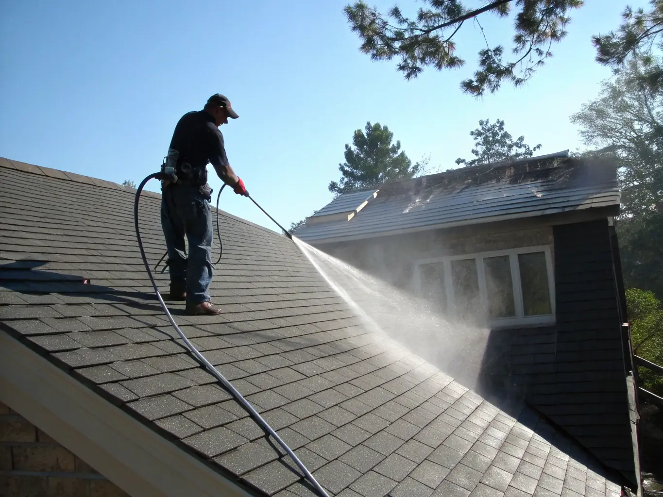 A close-up shot of a Pro Star Pressure Wash technician expertly cleaning a roof with specialized equipment, showcasing their attention to detail and commitment to quality.