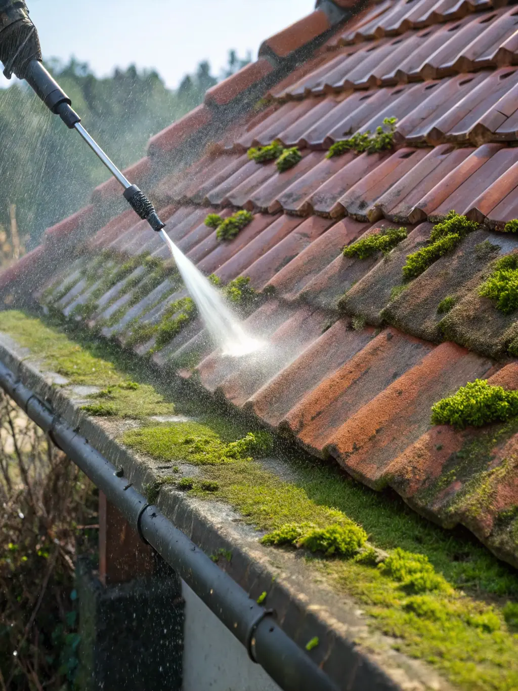 A close-up shot of a roof being cleaned with power washing equipment, showcasing the removal of moss and algae. The image should highlight the gentle yet effective cleaning process.
